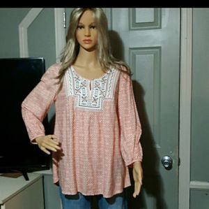 Style & Co. Women's Top XS.Only at Macy's Neck Detailing 100%Rayon. Orange/White